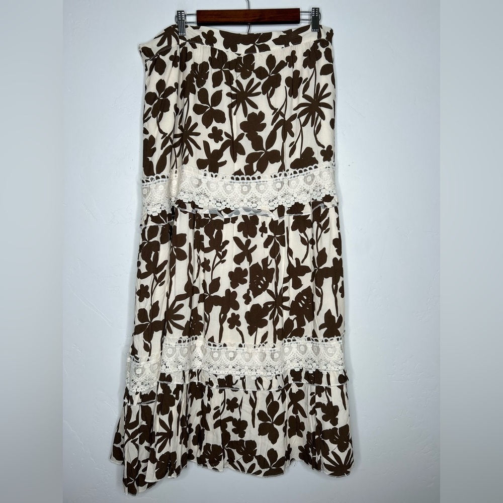 Boston Proper Brown and Cream Floral Maxi Skirt Crochet Size XL Boho Resortwear